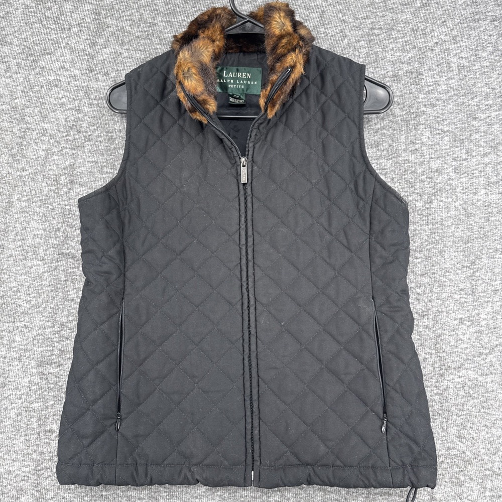Lauren Ralph Lauren Womens Quilted Puffer Vest Faux Fur Collar Black Petite Zip